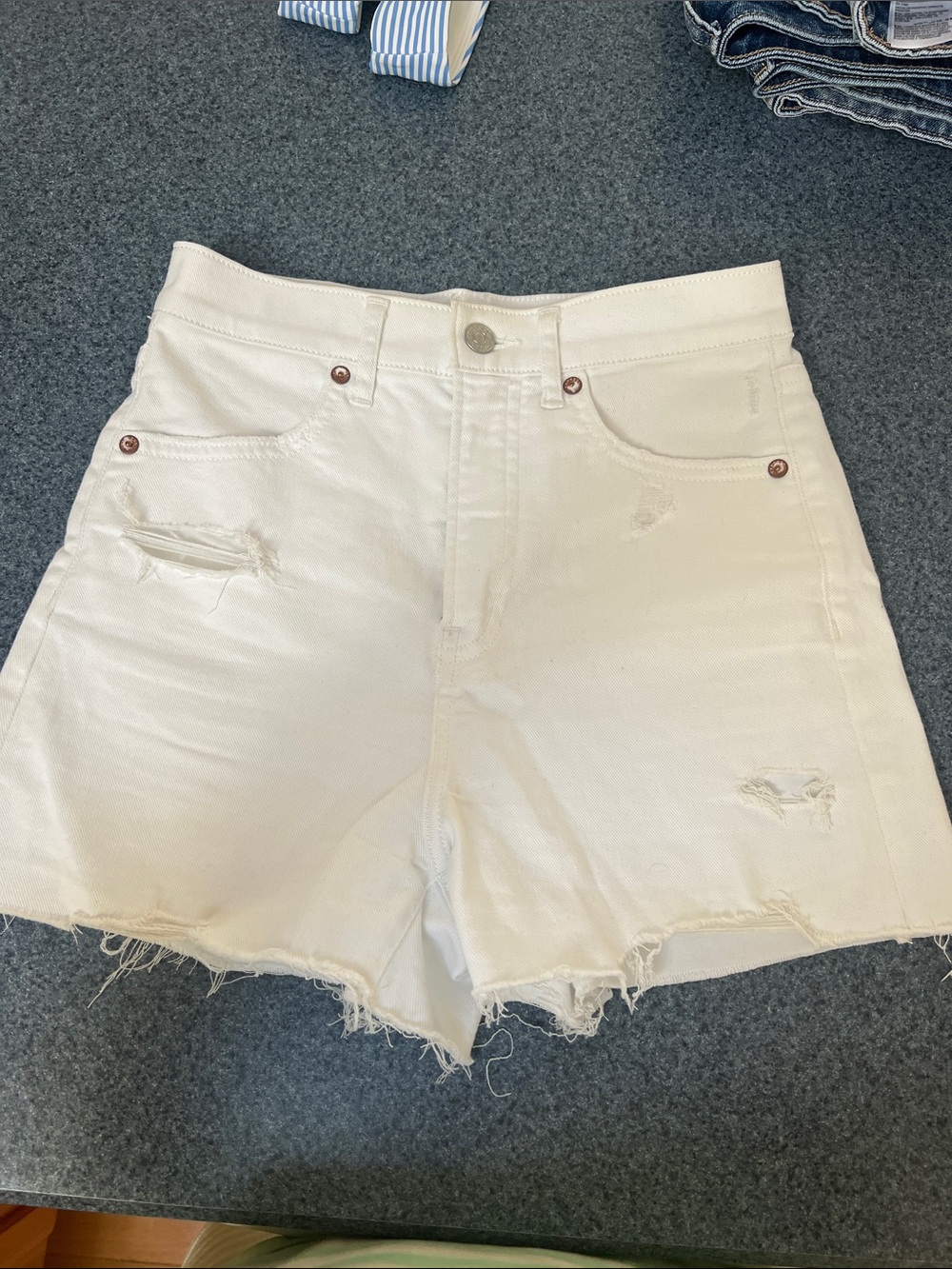 Express White High Waist Distressed Denim Shorts